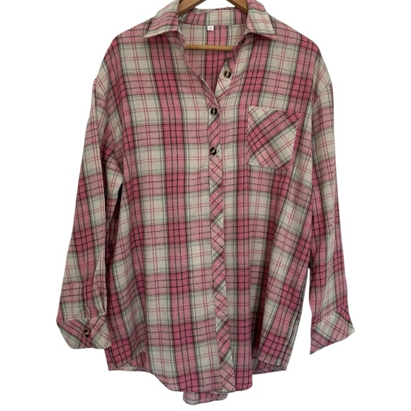 None Tops - Pink Plaid Flannel XL Button Down Blouse‎ Women’s Like New